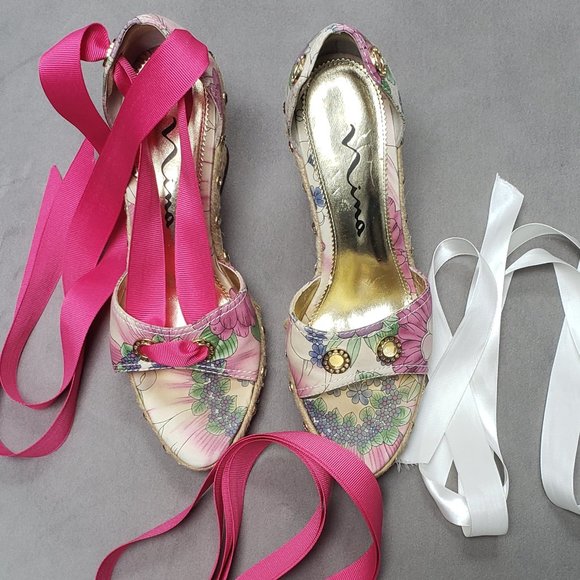 Nina Devin Floral Ribbon Tie Espadrille Wedges  Size 6 - Picture 2 of 10